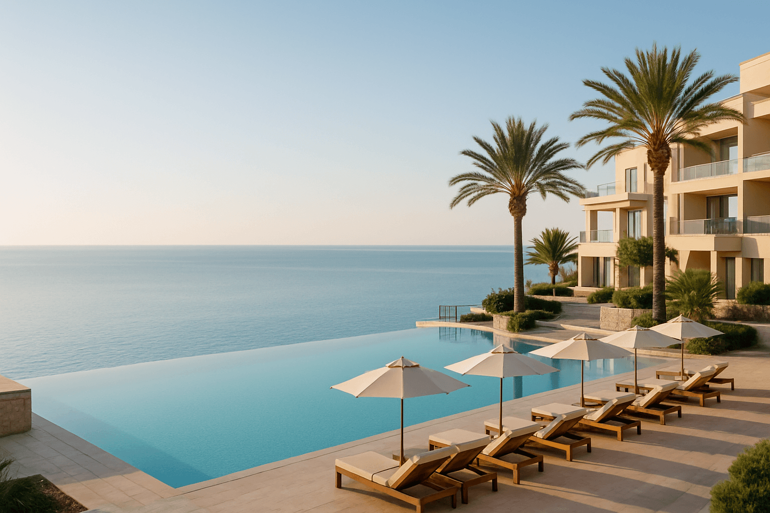 Akdeniz kıyısında lüks bir resort otelin havuzu ve teras manzarası