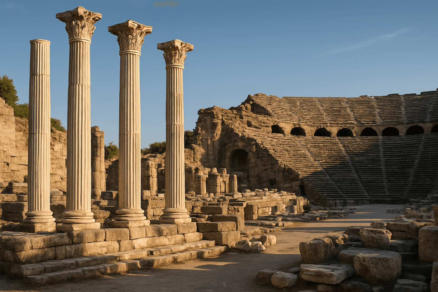 Antik kent kalıntıları ve sütunlar; kültür turizmi manzarası