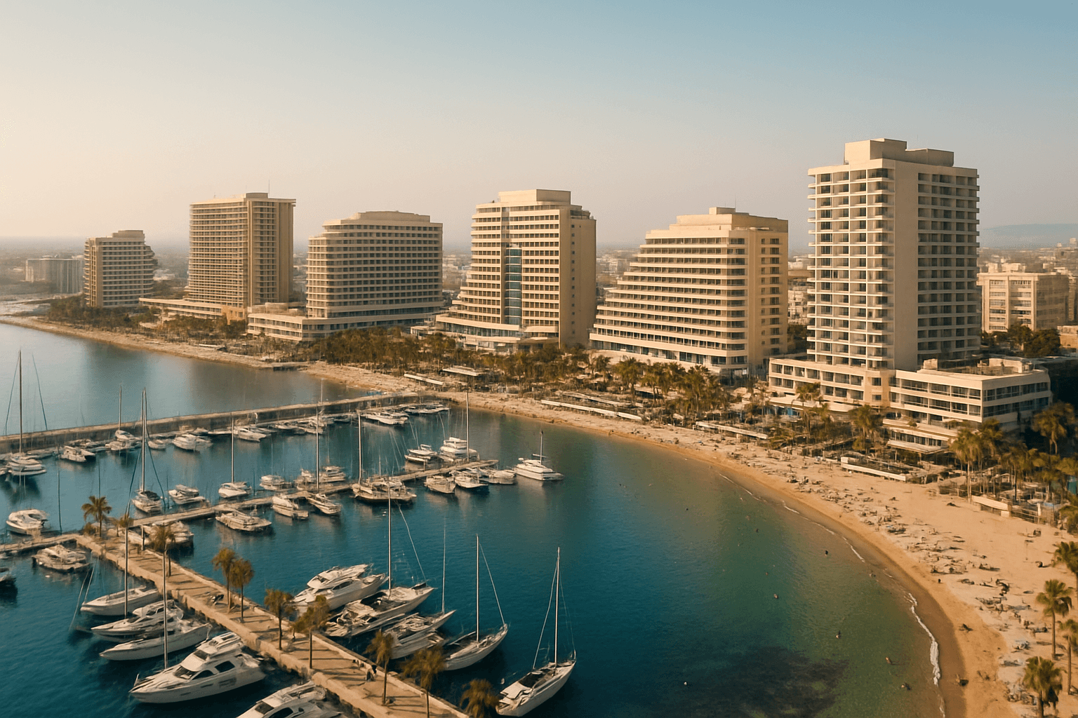 Turizm ekonomisini simgeleyen modern otel ve sahil silüeti