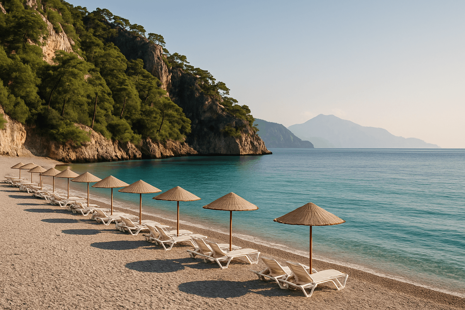 Antalya yakınında turkuaz denizli, çakıl taşlı bir Akdeniz plajı
