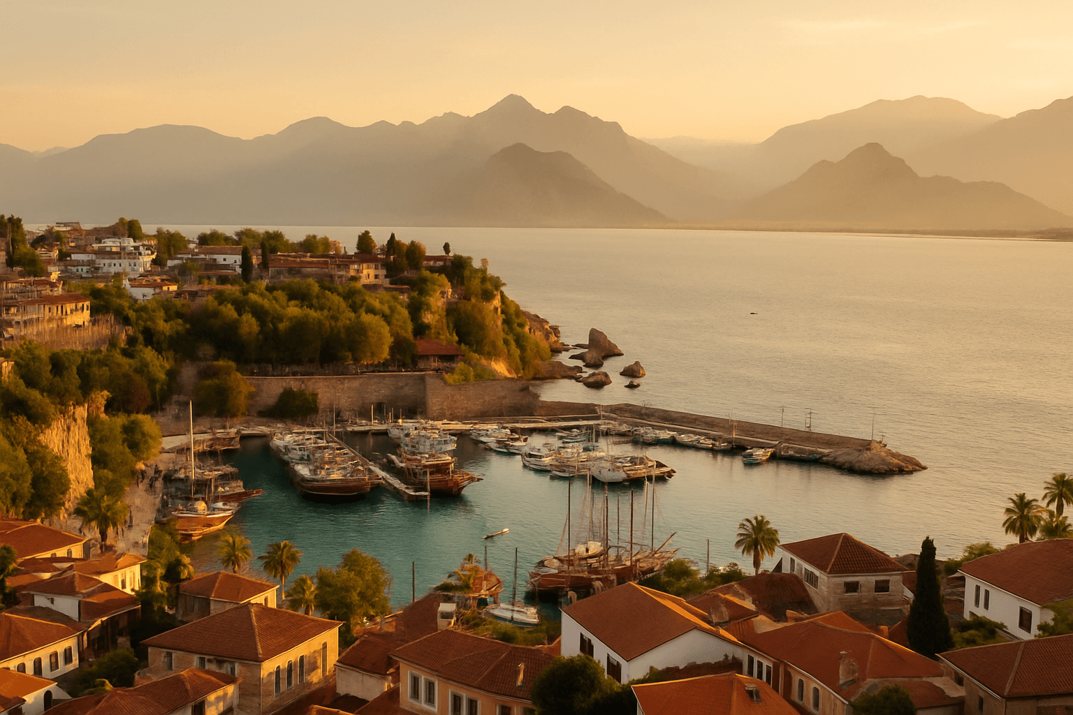 Antalya kıyı şeridi ve eski liman üzerinde altın saat manzarası