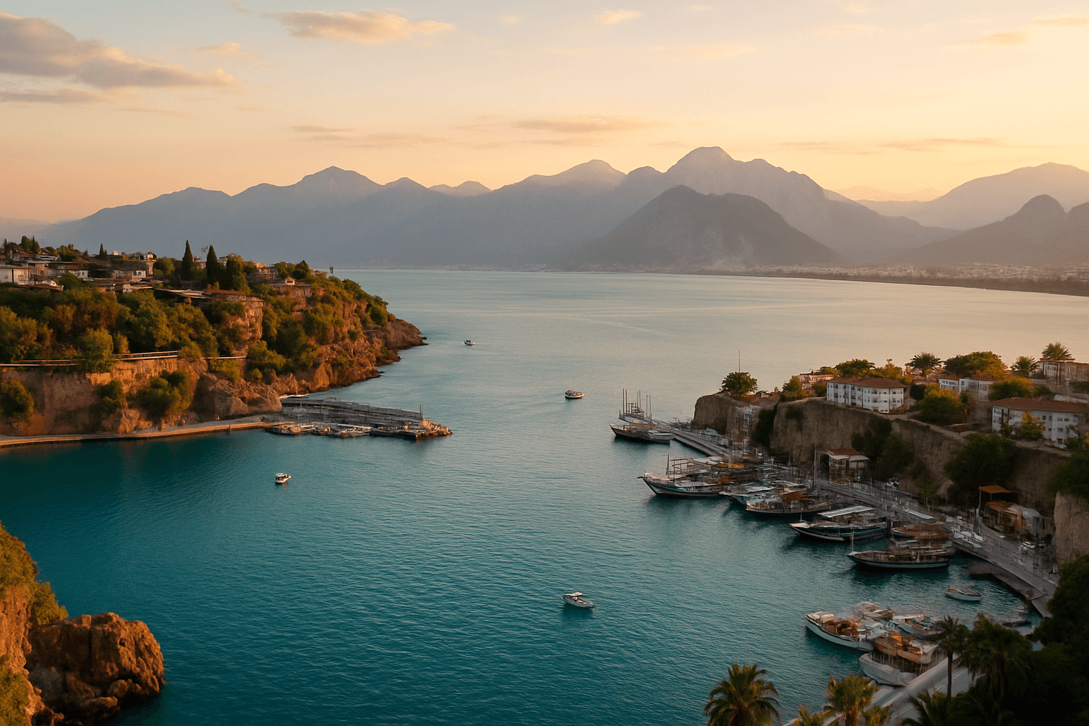 Antalya kıyısında altın saat; turizm haberlerini simgeleyen geniş manzara